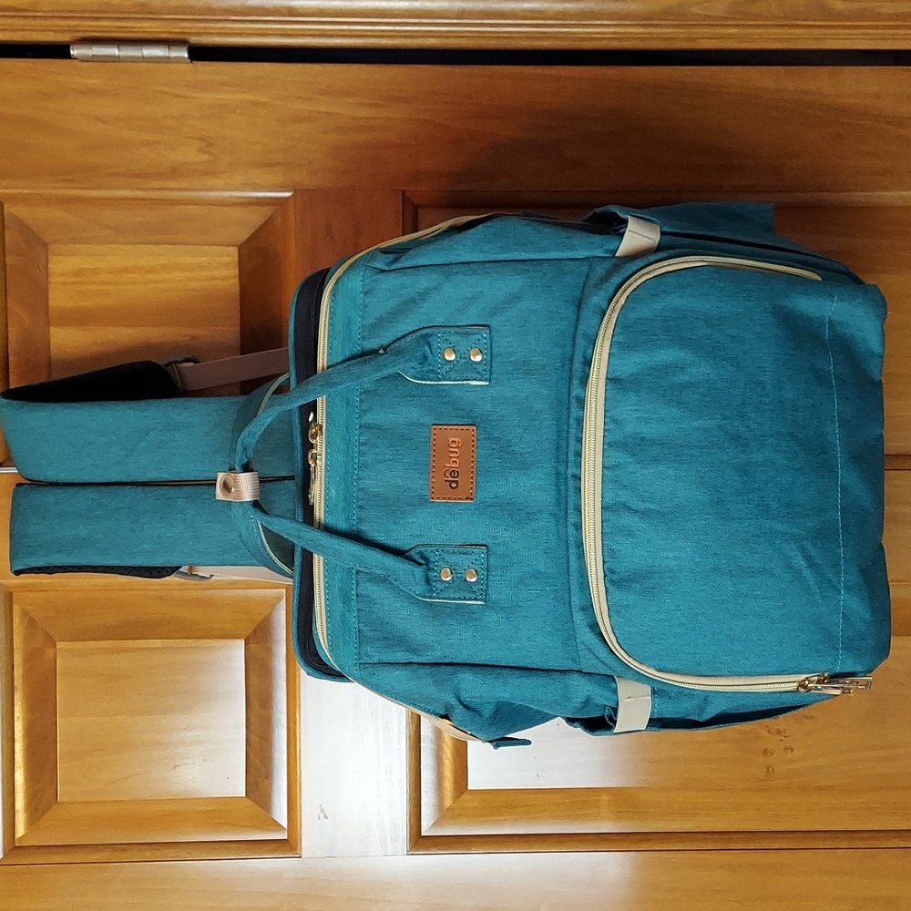 * Debug Baby Diaper Bag Backpack Green Gold Large Capacity, Waterproof, Like New